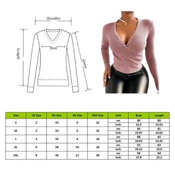 2021 Primăvară Sexy Wrap V-Neck Rib Tricotate Bluza Eleganta Ștrasuri Din Mărgele De Femei Subțire Cămașă Blusa Doamne De Birou Topuri Cu Maneci Lungi Pulover