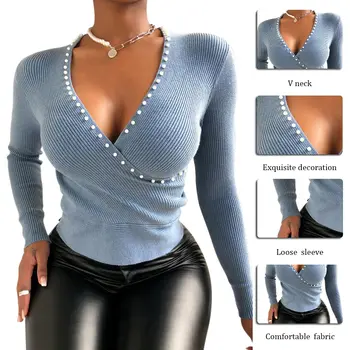 2021 Primăvară Sexy Wrap V-Neck Rib Tricotate Bluza Eleganta Ștrasuri Din Mărgele De Femei Subțire Cămașă Blusa Doamne De Birou Topuri Cu Maneci Lungi Pulover