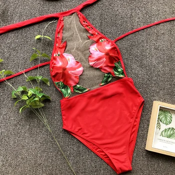 Qeils Sexy Femei Aplicatiile Roșu Costume De Baie Femei 2021 New Sosire Plasă De Mozaic Perspectivă-O Singură Bucată De Costume De Baie Monokini De Sex Feminin