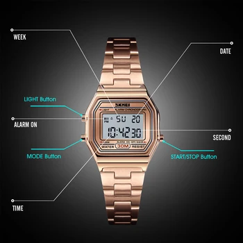 Brand SKMEI Femei Ceas Digital de Lux din Oțel Inoxidabil de Aur pentru Femei Ceasuri Cronograf Bratara Ceas Deșteptător Femei