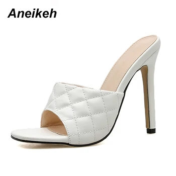 Aneikeh NOU Sexy Peep Toe MATLASAT CATÂR cu Toc Papuci de Moda de Vara Aluneca Pe Tocuri Subtiri Slide-uri de Femei Catâri alb Dimensiune 35-42