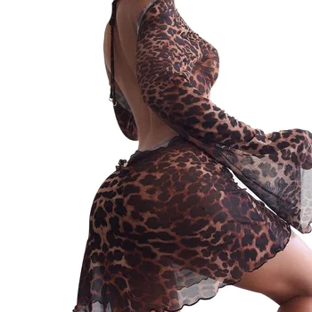 Petrecere De Noapte Sexy Leopard Backless Vedea Prin Clubwear Femei Elegante Ars Mâneci Dantelă-Up Bodycon Mini Strada Rochii Noi 2021