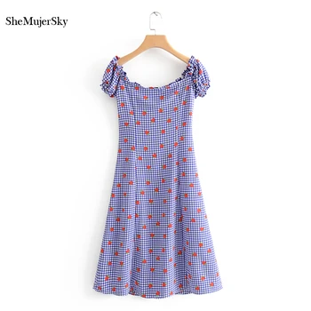 SheMujerSky Albastru Carouri Rochie Midi Femei de Vara Căpșuni Rochie de Imprimare robe longue vestidos de verano mujeres 2019