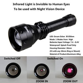 LED cu Zoom Radiații Infraroșii Armă de Lumină Tactice IR 850NM Viziune de Noapte, Lanterna de Vanatoare Pusca+Mount+18650+Incarcator+Switch