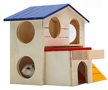 Casa Hamster Durabil Inodor Non-Toxic Deluxe Două Straturi Colibă De Lemn Pentru Jucarii De Hamster