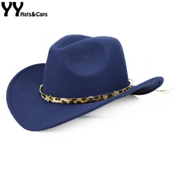 YY Cowboy Vest Capac pentru Bărbați de Iarnă Caldă Leopard Pentagrama Centura de Jazz Capac Femei Wide Brim Fedora Pălărie Cowgirl FD19052