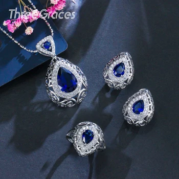 ThreeGraces Elegant Blue Sapphire Argint 925 Pandantiv Cubic Zirconia Colier Cercei Inele Seturi de Bijuterii pentru Femei JS137