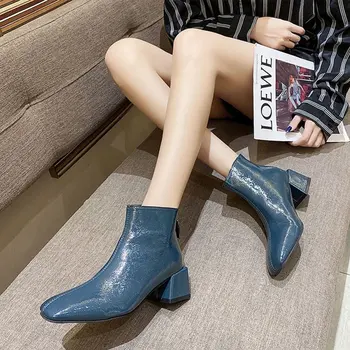 Femei Cizme Scurte PU cu Fermoar Doamnelor Elegante Deget de la picior Pătrat Mijlocul Tocuri Pantofi pentru Femeie Cizme Glezna Cu Blană de Moda 2020 Toamna Iarna