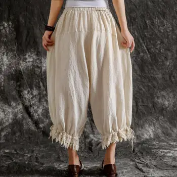 Johnature Nou Casual Vintage Lenjerie de pat din Bumbac Plus Dimensiune Glezna-lungime Pantaloni Harem 2021 Vara Culoare Solidă Ciucure Buzunare Pantaloni Femei