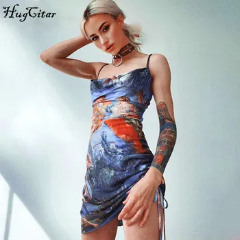 Hugcitar 2020 imprimare fără mâneci cutat bandaj mini sexy alunecare rochie de vara femei de moda streetwear tinutele sundress