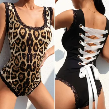 Sexy Body Pentru Femei Suspendres Spate Cravată De Frânghie Marginea Dantelă Dantelă Partea Leopard De Imprimare Fără Mâneci Bodysuit 2020 Salopeta
