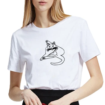 Moda Amuzant Pisica Linge Fundul Tipărite Tricou Femme Vara cu Maneci Scurte O-gât T Camasi pentru Femei din Bumbac Vrac T Cămașă Femei