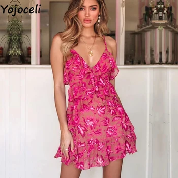 Yojoceli Sexy zburli print curea scurt sundress Vară șifon femei casual rochie de plaja Petrecere de zi cu zi mini rochie eleganta vestidos