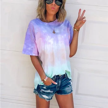 De Vară 2020 Sexy Femei Tie Dye Print cu Maneci Scurte T Shirt O-gât Culoare Gradient Tricou Femme Streetwear