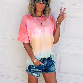De Vară 2020 Sexy Femei Tie Dye Print cu Maneci Scurte T Shirt O-gât Culoare Gradient Tricou Femme Streetwear