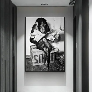 Maimuță amuzant de Afaceri de Postere și de Imprimare Pe Perete Citind Ziarul Pictura Toaleta Toaleta Decor Alb-Negru de Artă