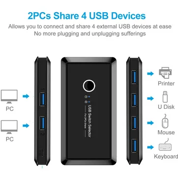 VKTECH 2x4 USB 3.0 2.0 Sharing Switch Selector 2 Porturi de Pc-uri de Partajare a 4 Dispozitive USB pentru Tastatura Mouse-ul Imprimantei