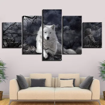 Tipărite 5 piese Animal lup Alb panza pictura acasă decor de perete de arta imagine pentru camera de zi postere si printuri de Arta