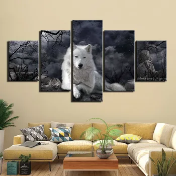 Tipărite 5 piese Animal lup Alb panza pictura acasă decor de perete de arta imagine pentru camera de zi postere si printuri de Arta