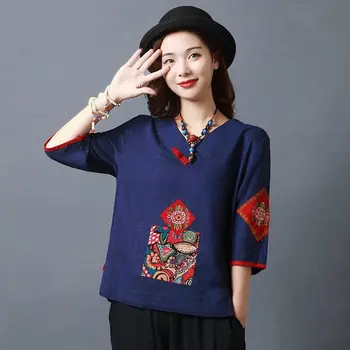 Aransue Primavara-Vara Femei de Top Stil Național Lenjerie de pat din Bumbac Tricou Retro Stil Chinezesc Haine Combinezon