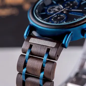 BOBO PASĂRE Ceasuri Sport pentru Barbati Blue Top Brand de Lux din Lemn Militare Ceas de mână de Om Ceas Chronograph Ceas din Lemn Cutie de Cadou