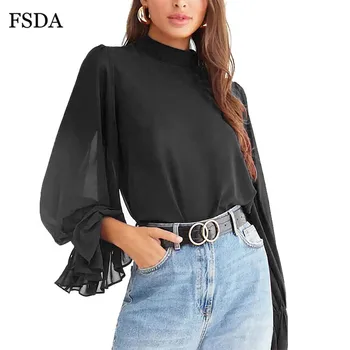 FSDA Femei Guler Maneca Lunga Bluza Chffion Vedea Dacă Primăvara Negru Doamnelor Casual Elegant Zip-Up Birou Bluza Tricou Top