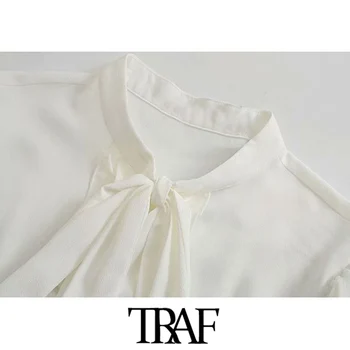 TRAF de Moda pentru Femei Cu Arcul Ciufulit Bluze Vintage cu Maneci Lungi Buton-up Feminin Tricouri Blusas Topuri Chic
