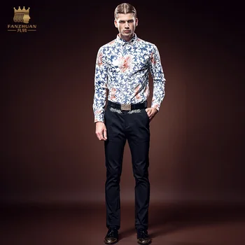 FANZHUAN Transport Gratuit Noua moda casual sex masculin pentru bărbați om 2016 tricouri banchet Florale Imprimate cu Mâneci Lungi Tricou 612088 la vanzare