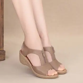 Vară Nouă Femei Sandale Cu Toc Pene De Pantofi De Piele De Femeie Solidă Casual Zip Sandale Cu Platforma Plus Dimensiune 35-41 Doamnelor Pantofi