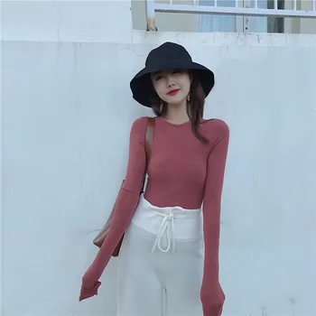 3colors toamna anului 2020 stil coreean monofazate culoarea scurt slim cu Maneca lunga t-shirt Femei sexy Tricouri tricou femme (R682)