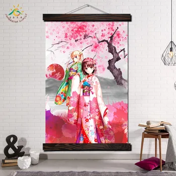 Doi Roz Kimono Japonez Fata de Arta de Perete Moderne de Imprimare Arta Pop Postere si Printuri Scroll Panza Pictura Imaginile pentru Camera de zi
