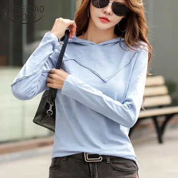2021 Nouă Primăvară de Bumbac Vrac Jos Tricouri Femei cu Glugă T-shirt Toamna de Moda Casual sex Feminin coreeană Maneca Lunga Tricou Topuri