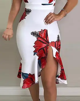 2020 Noua Moda Elegant Slim Sexy Bodycon Partid Rochie De Plajă Fără Mâneci Rochie De Curea Spaghete Florale De Imprimare Fantă Volane Rochie