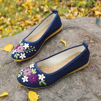 Femei Vintage Brodata Apartamente Pantofi Floare De Alunecare Pe Rotund Mocasini In Picioare Pantofi De Balerina