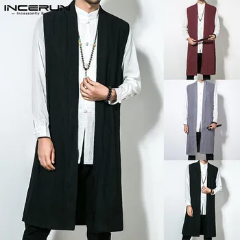 INCERUN Vestă de Bărbați Lung Trenci fără Mâneci Bumbac Solid Barbati Vesta Chineză Stil Retro Casual Mantie Subțire de Îmbrăcăminte Jachete 5XL