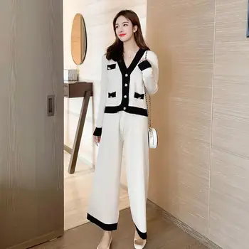 Femei Toamna Jachete Pantaloni Costum Tricotate cu Maneci Lungi V-neck Sexy Singur Pieptul Pulover Și Pantaloni Elegant coreean Set de Birou