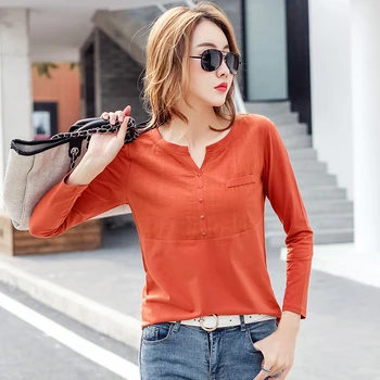 Coreea Style Femei Tricou Alb cu Maneci Lungi V-Neck Pocket Bumbac Femme T-shirt Doamna Casual Vogue Tricou Tricou Topuri Vetement Femme