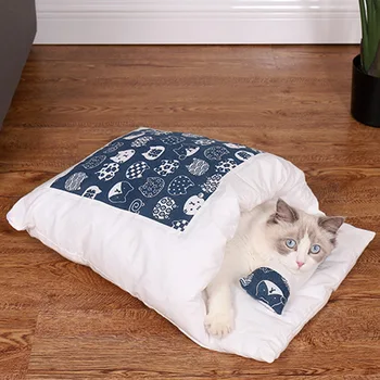 Stil japonez de Companie Quilt Respirabil Pisică Câine Sac de Dormit Încălzi Casa Semi-închise Catelus Pisicuta Canisa Detașabil Pat Moale Cuib