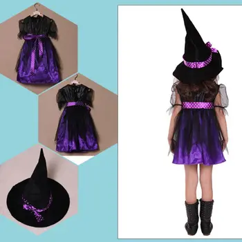 Copil Fată Vrăjitoare Cosplay Costum Copii Maneca Scurta Rochie cu Buline Panglică Subliniat Palarie pentru Halloween Petrecere de Basm elemente de Recuzită
