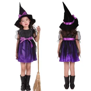 Copil Fată Vrăjitoare Cosplay Costum Copii Maneca Scurta Rochie cu Buline Panglică Subliniat Palarie pentru Halloween Petrecere de Basm elemente de Recuzită