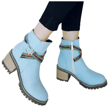 Femeile scurt papuceii de Moda din Denim cu Fermoar Vest de Iarnă Rotund Toe piele de Căprioară Cizme Glezna Plus dimensiune 43 Toc Gros lady Pantofi de iarna