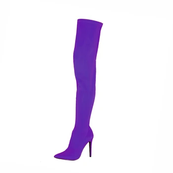 Poze reale Personalizate femeie stretch Lycra peste genunchi cizme lungi bomboane de culoare a subliniat deget de la picior toc femeie întinde coapsa cizme
