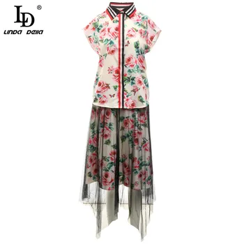 LD LINDA DELLA Designer de Moda de Vara pentru Femei Costum fără Mâneci Flori de Trandafir Cămașă de Imprimare și Suprapunere de Tul Plasă de Fuste 2 Buc Set
