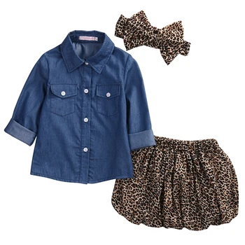 3PCs Fete pentru Copii albastru cu maneci lungi Denim bluza +fusta Leopard +bowknot bentita Haine pentru Copii Costume Set de Valori din SUA