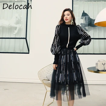 Delocah Femei Toamna Designer De Moda Fuste Set Lanterna Maneca Topuri Largi + Talie Mare Cu Paiete, Fuste Midi 2 Două Piese De Costume