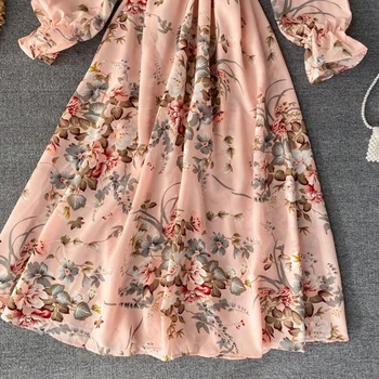 2021 Vintage Floral Print Stand guler Șifon Rochie de Primavara-Vara Midi Petrecere Femei talie elastic Vestido rochie eleganta