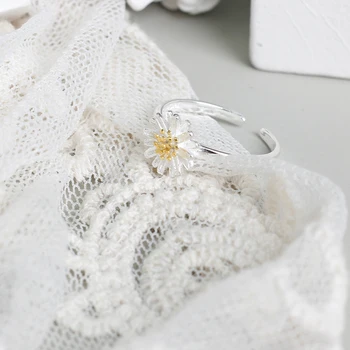Real argint 925 inele pentru femei daisy floare Trendy Bijuterii fine Mari Reglabil de Epocă Inele Anillos