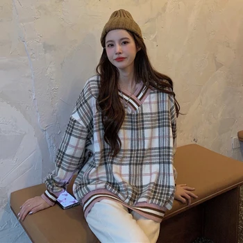 Iarna Vrac Carouri Pulover Elegant de Toamnă-coreean Harajuku V-Neck Vintage BF Tricotat de Acoperire Top Supradimensionat Casual Femei Tricou