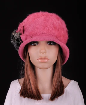 M642 Roz De Moda Femei Lady Cald Iarna Drăguț Iepure Blană & Lână Flori Decorate Pălărie Bereta Beanie Cap