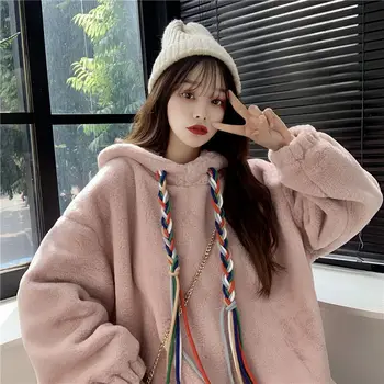 2020 iarna noi gros imitație de miel de pluș pulover tricoul de sex feminin coreeană stil oversize hanorace largi mic strat proaspăt